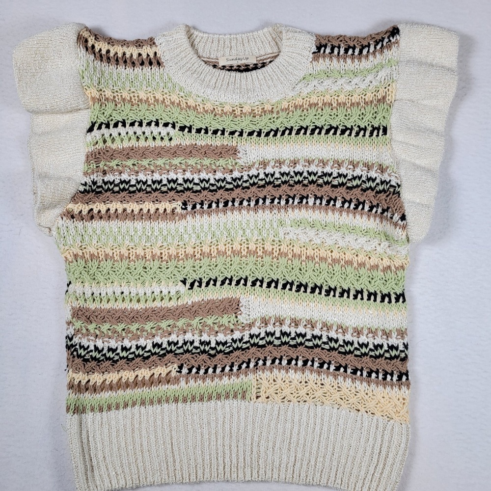 SUNDAY UP‎ Anthropologie Ruffled Cap Sleeve, Striped, Crew Neck Sweater Size S